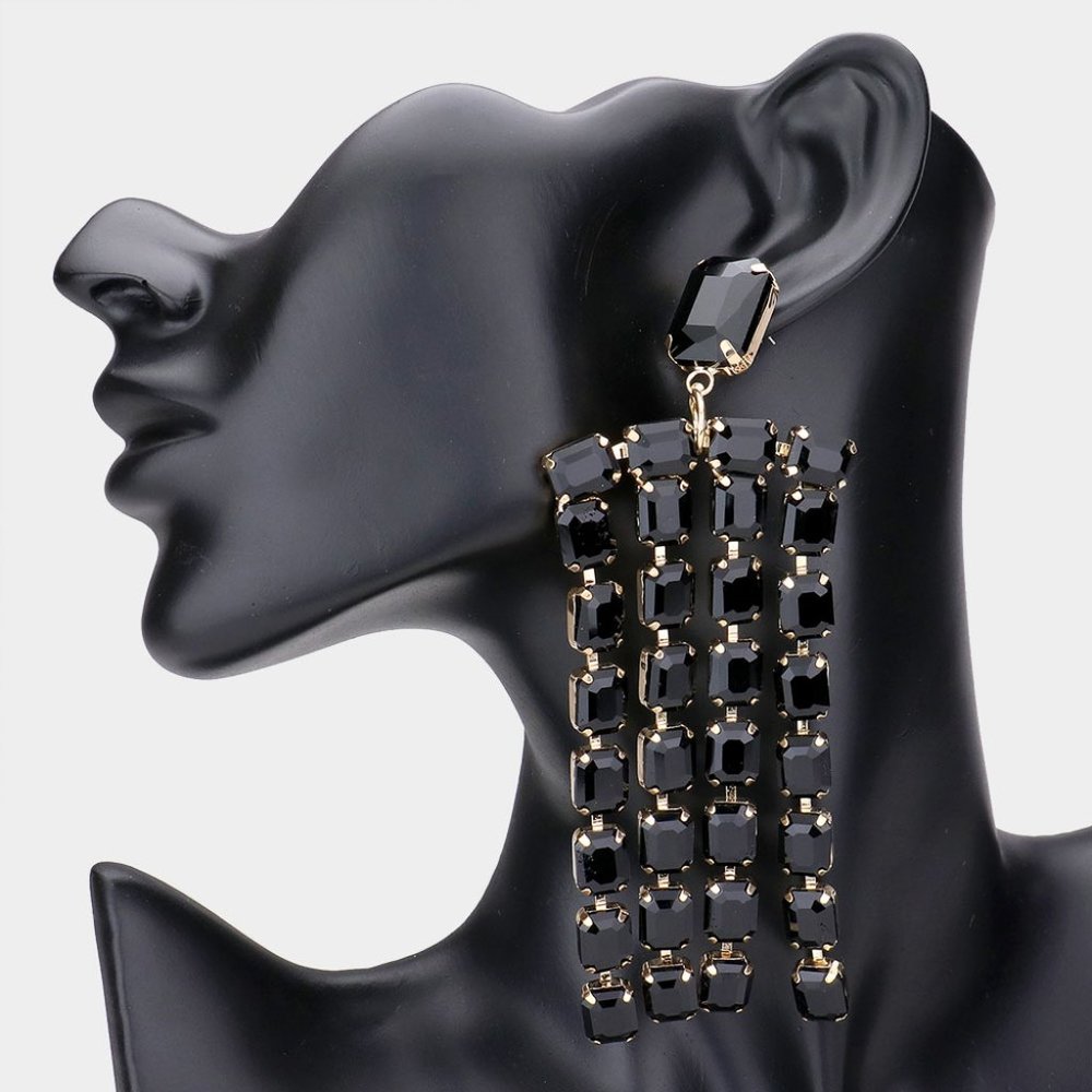 BLACK STONE FRINGE EVENING EARRINGS